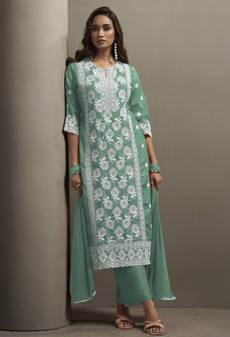 Green chinon embroidered thread work ethnic kurta set with matching dupatta