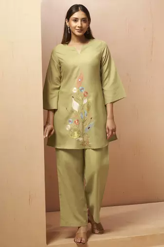 Green embroidered mirror work co-ord set