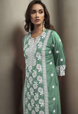 Green chinon embroidered thread work ethnic kurta set with matching dupatta 4