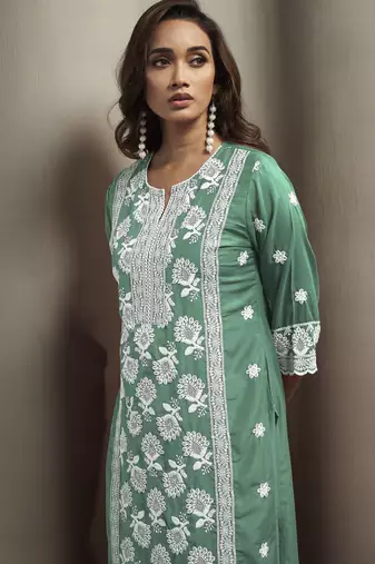 Green chinon embroidered thread work ethnic kurta set with matching dupatta