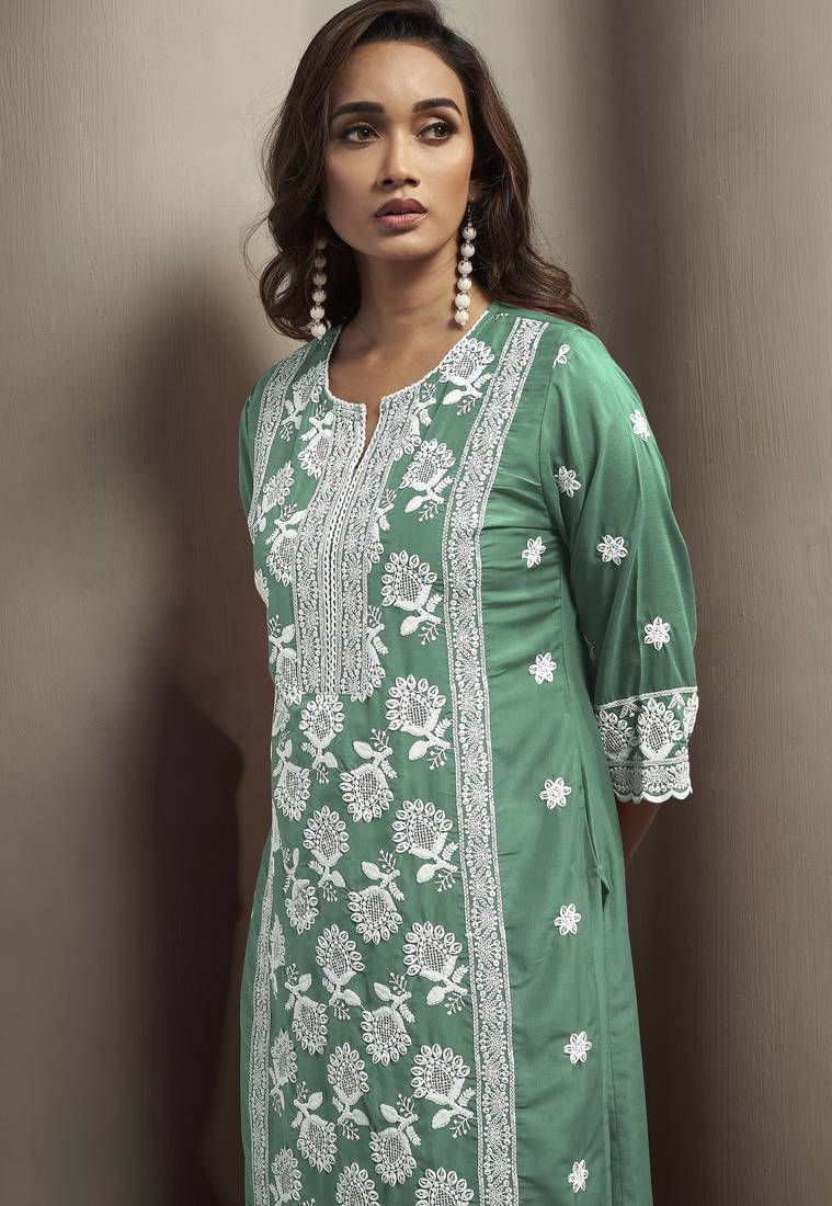 Green chinon embroidered thread work ethnic kurta set with matching dupatta