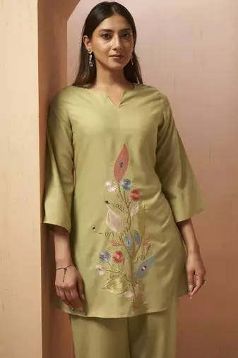 Green embroidered mirror work co-ord set