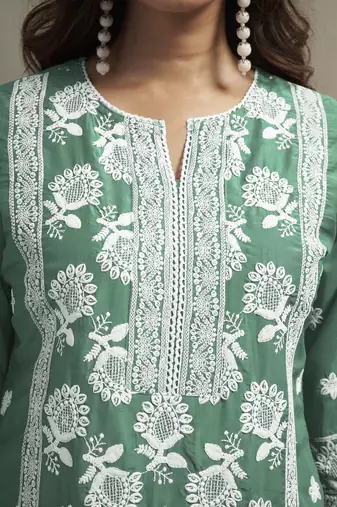Green chinon embroidered thread work ethnic kurta set with matching dupatta