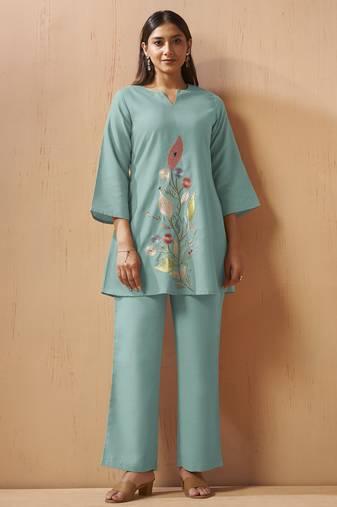 Dusty teal embroidered mirror work co-ord set