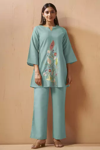 Dusty teal embroidered mirror work co-ord set