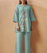 Dusty teal embroidered mirror work co-ord set
