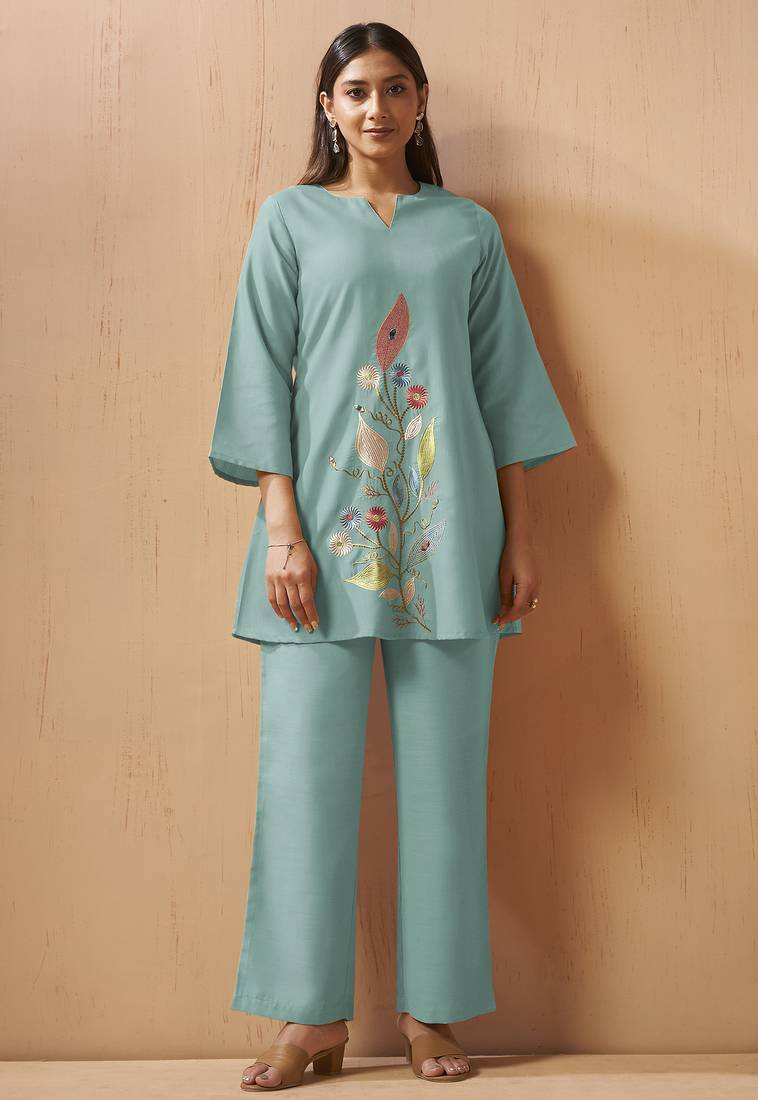 Dusty teal embroidered mirror work co-ord set