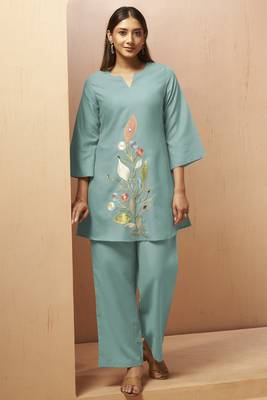 Dusty teal embroidered mirror work co-ord set 3