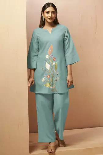 Dusty teal embroidered mirror work co-ord set
