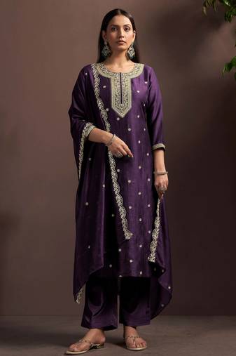 Wine silk blend embroidered zari work ethnic kurta set with matching dupatta