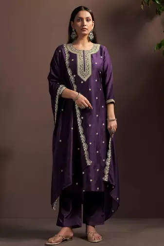 Wine silk blend embroidered zari work ethnic kurta set with matching dupatta