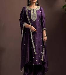 Wine silk blend embroidered zari work ethnic kurta set with matching dupatta
