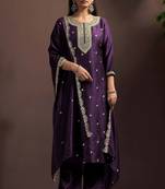 Wine silk blend embroidered zari work ethnic kurta set with matching dupatta