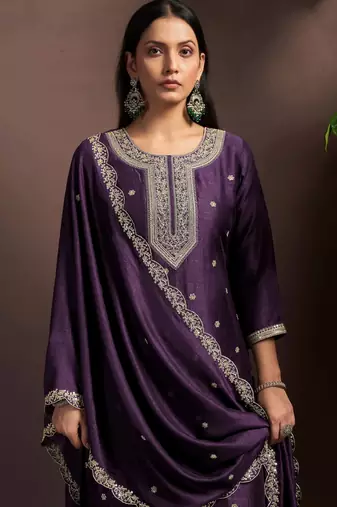 Wine silk blend embroidered zari work ethnic kurta set with matching dupatta