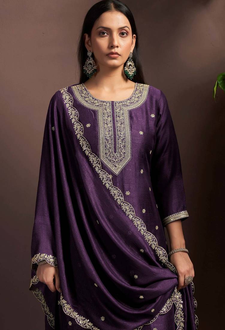 Wine silk blend embroidered zari work ethnic kurta set with matching dupatta