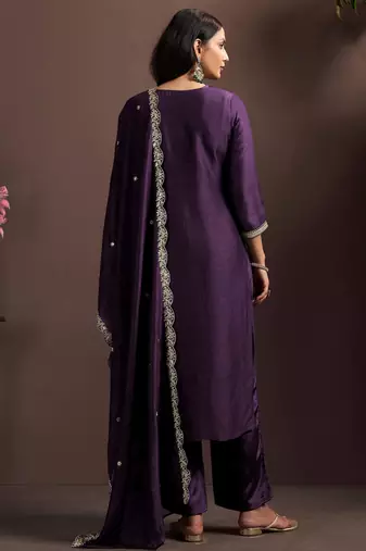 Wine silk blend embroidered zari work ethnic kurta set with matching dupatta