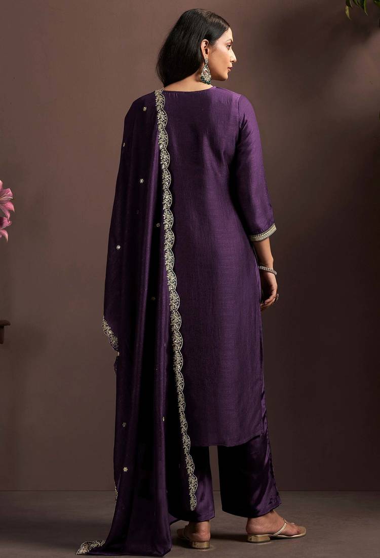 Wine silk blend embroidered zari work ethnic kurta set with matching dupatta