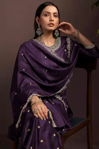 Wine silk blend embroidered zari work ethnic kurta set with matching dupatta