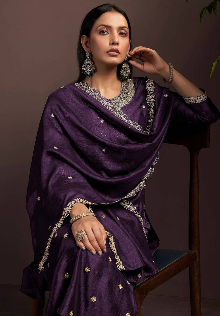 Wine silk blend embroidered zari work ethnic kurta set with matching dupatta