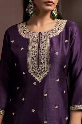 Wine silk blend embroidered zari work ethnic kurta set with matching dupatta