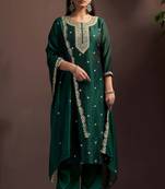Green silk blend embroidered zari work ethnic kurta set with matching dupatta