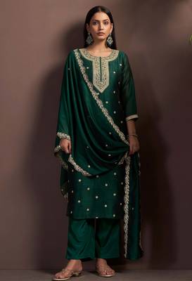Green silk blend embroidered zari work ethnic kurta set with matching dupatta 3
