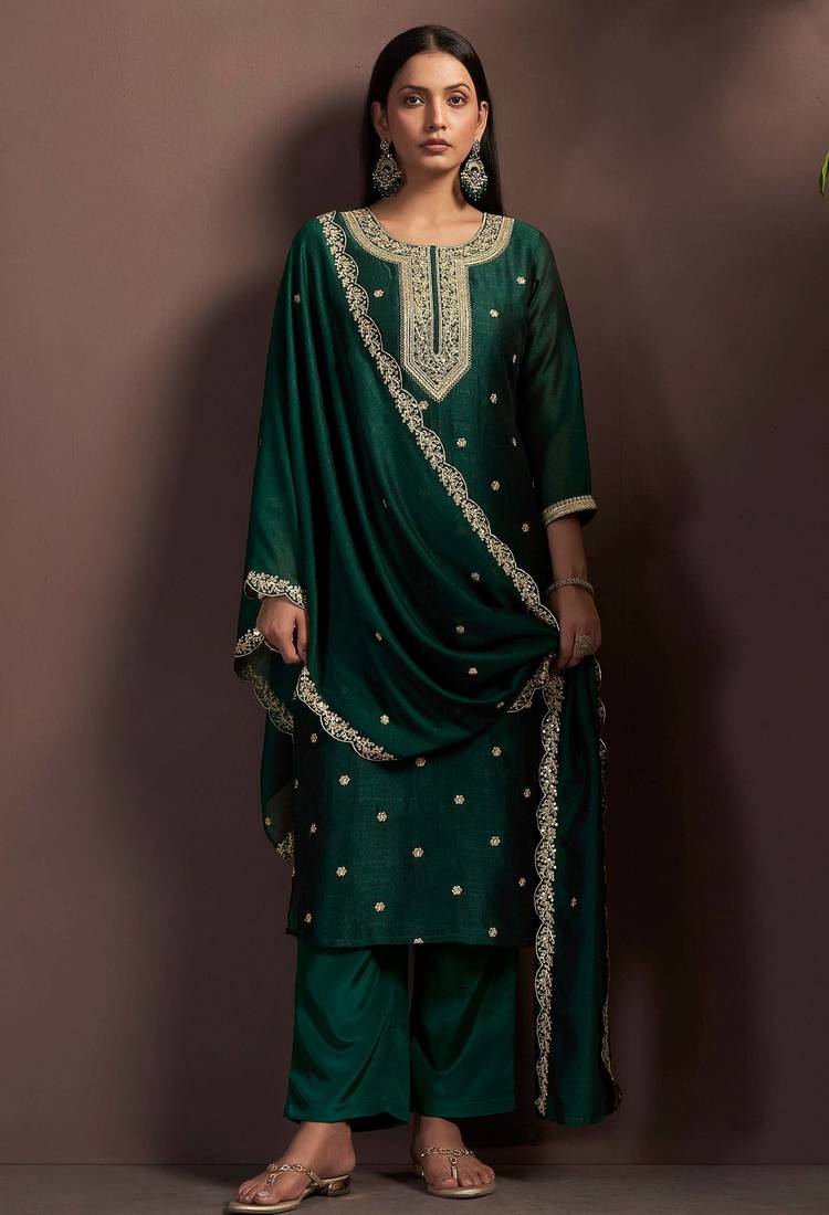 Green silk blend embroidered zari work ethnic kurta set with matching dupatta