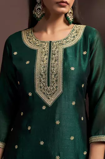 Green silk blend embroidered zari work ethnic kurta set with matching dupatta