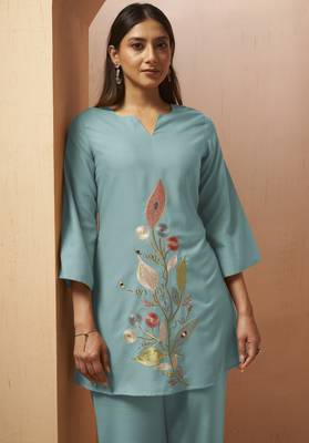 Dusty teal embroidered mirror work co-ord set 4