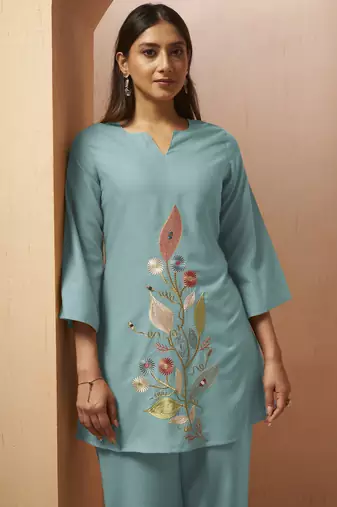 Dusty teal embroidered mirror work co-ord set