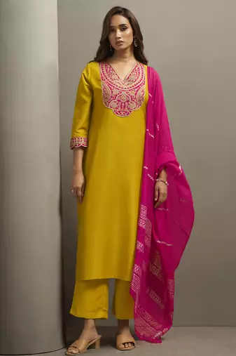 Red chinon embroidered sequins work ethnic kurta set with matching dupatta