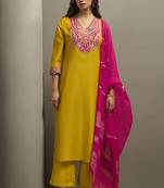 Red chinon embroidered sequins work ethnic kurta set with matching dupatta