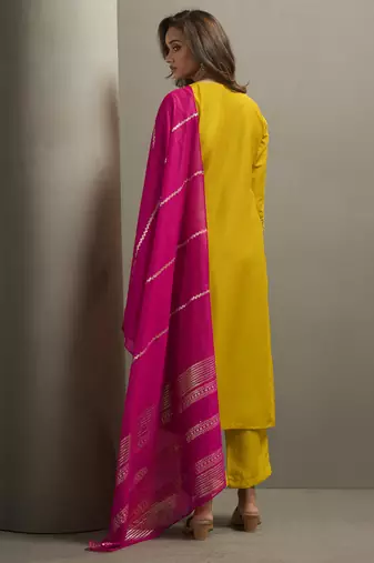 Red chinon embroidered sequins work ethnic kurta set with matching dupatta