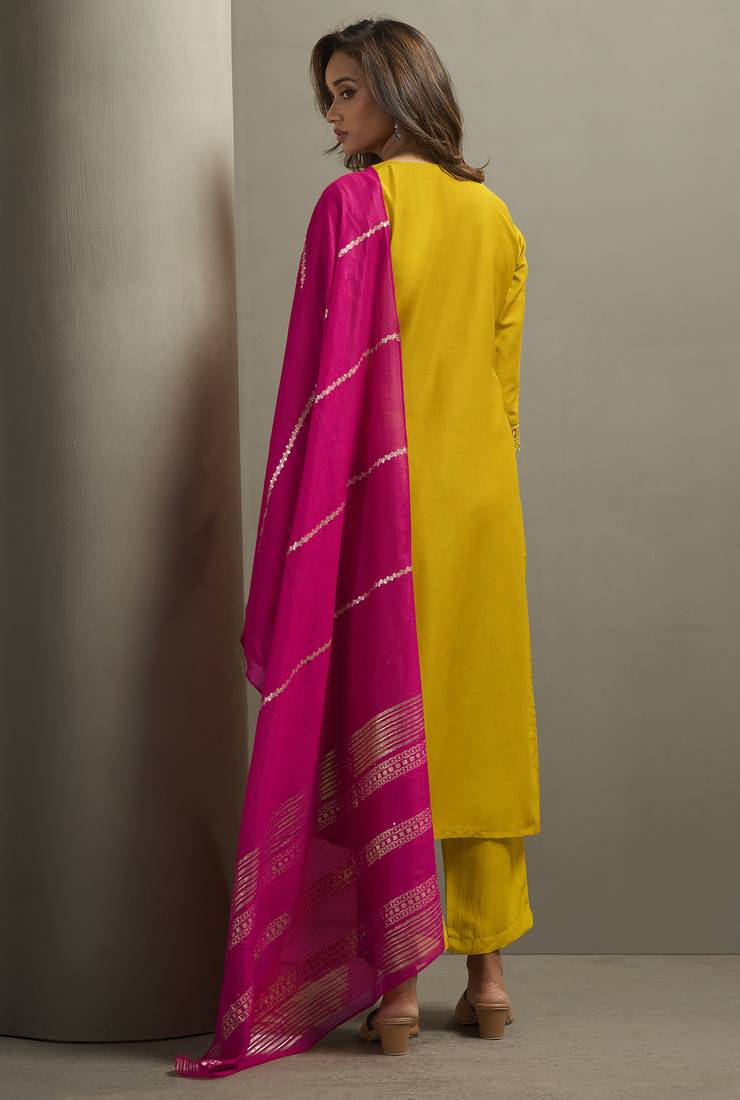 Red chinon embroidered sequins work ethnic kurta set with matching dupatta