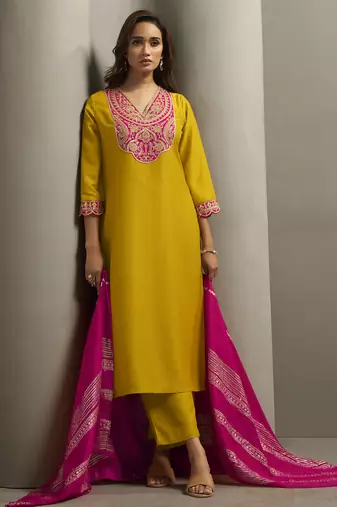 Red chinon embroidered sequins work ethnic kurta set with matching dupatta