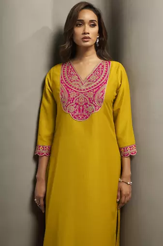 Red chinon embroidered sequins work ethnic kurta set with matching dupatta