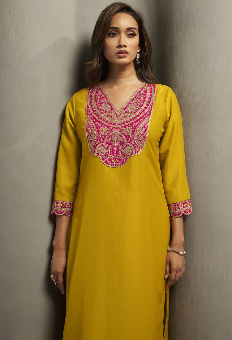 Red chinon embroidered sequins work ethnic kurta set with matching dupatta