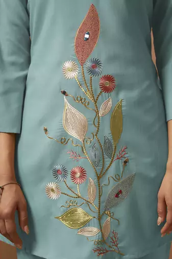 Dusty teal embroidered mirror work co-ord set