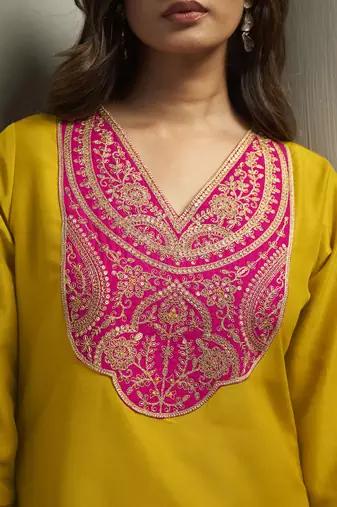 Red chinon embroidered sequins work ethnic kurta set with matching dupatta