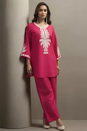 Women's pink cotton blend floral embroidered co-ord set with straight top & solid pants
