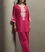 Women's pink cotton blend floral embroidered co-ord set with straight top & solid pants