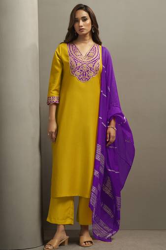 Yellow chinon embroidered sequins work ethnic kurta set with matching dupatta