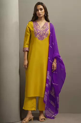 Yellow chinon embroidered sequins work ethnic kurta set with matching dupatta