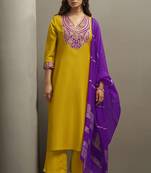 Yellow chinon embroidered sequins work ethnic kurta set with matching dupatta