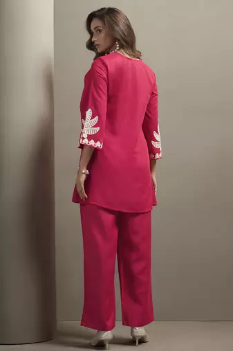 Women's pink cotton blend floral embroidered co-ord set with straight top & solid pants