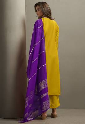 Yellow chinon embroidered sequins work ethnic kurta set with matching dupatta 2