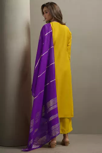 Yellow chinon embroidered sequins work ethnic kurta set with matching dupatta