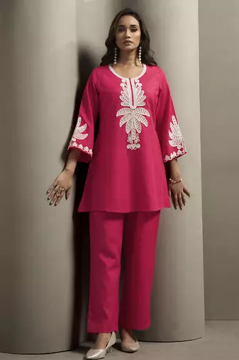 Women's pink cotton blend floral embroidered co-ord set with straight top & solid pants