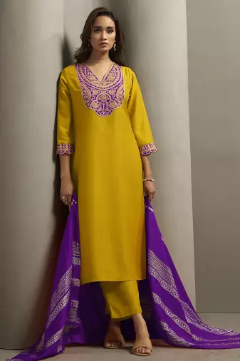 Yellow chinon embroidered sequins work ethnic kurta set with matching dupatta