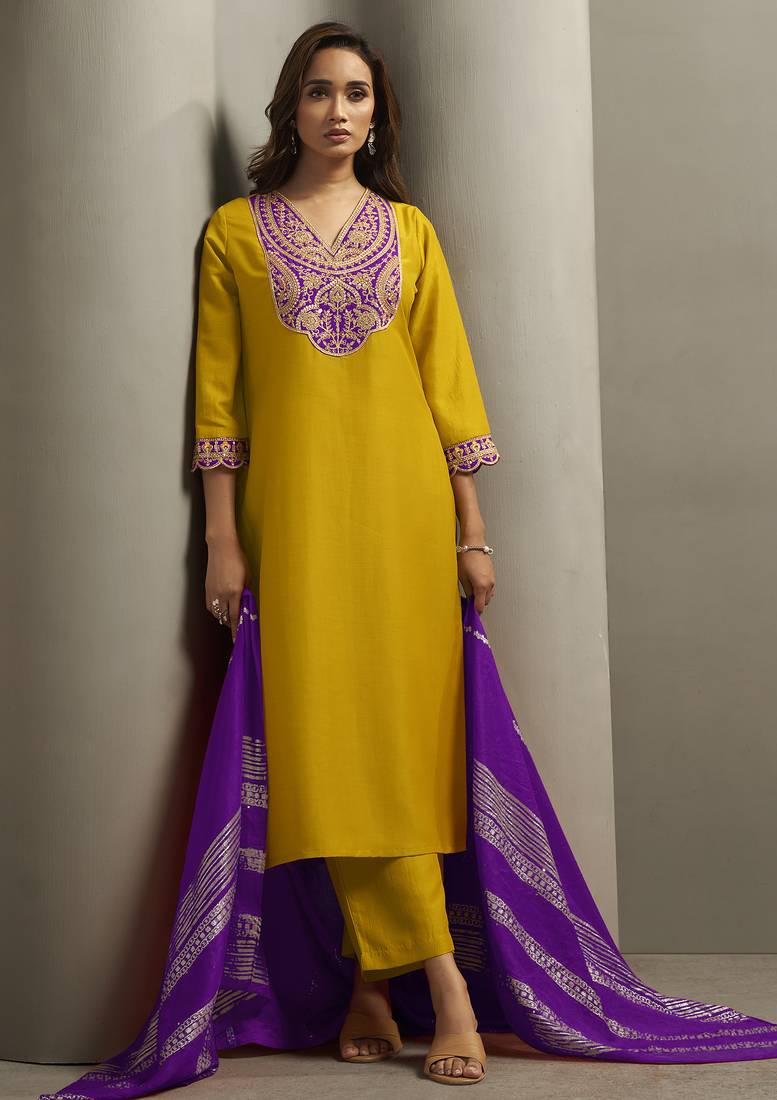 Yellow chinon embroidered sequins work ethnic kurta set with matching dupatta
